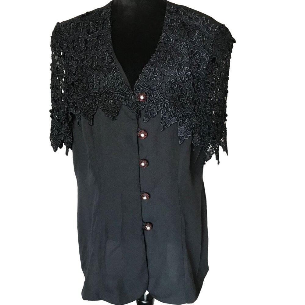 San Julian Tunic Blazer, Vintage Crocheted Lace Collar Crystal Buttons Black M